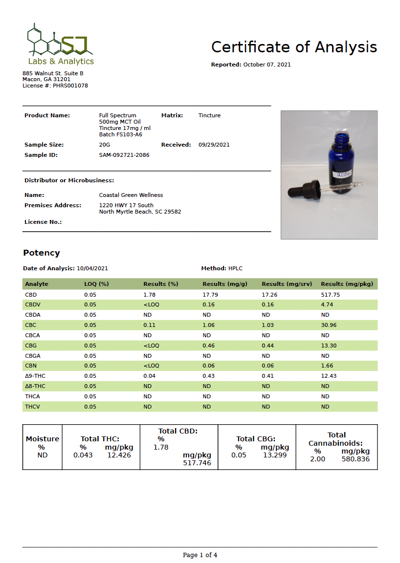 500mg Full Spectrum CBD Oil Coastal Green CBD